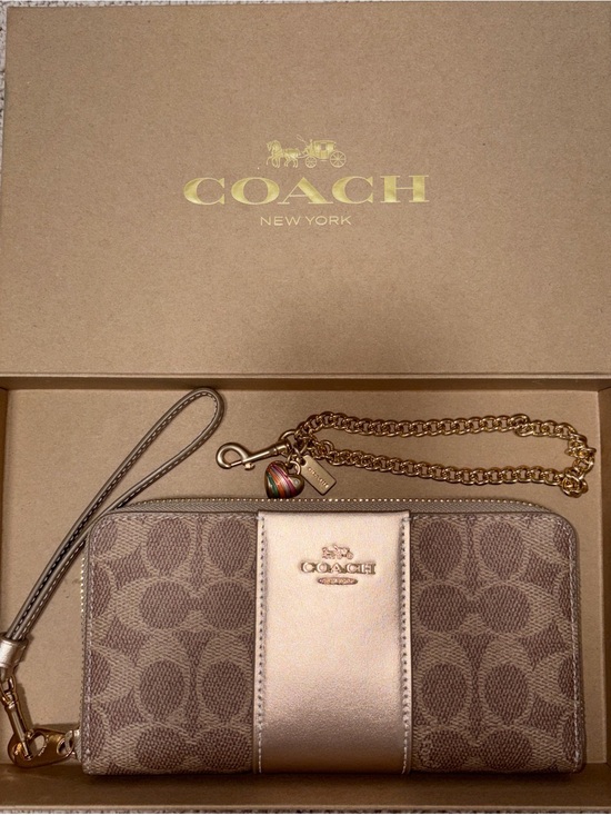 Coach Handbags - Coach Signature Canvas and Metallic Leather Wristlet Wallet - Rose Gold/Tan